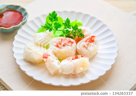Hanpen crab stick wrapped in rice paper Hanpen crab stick wrapped in rice paper 134263337