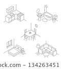 Set of five minimalist linear interior room illustrations including kitchen, bedroom, bathroom, living room and dining room. 134263451