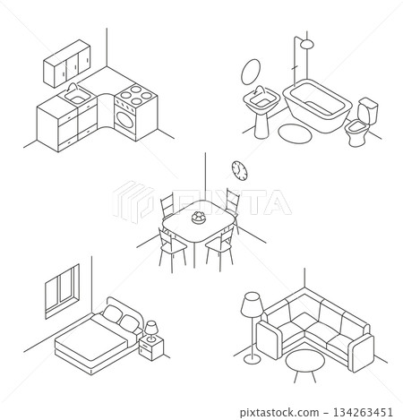 Set of five minimalist linear interior room illustrations including kitchen, bedroom, bathroom, living room and dining room. 134263451