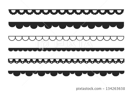 Scalloped border set simple cute divider geometric ornament edge cutout decoration. Fabric laces silhouette, textile frill stripe Scalloped border set simple cute divider geometric ornament edge cutout decoration. Fabric laces silhouette, textile frill stripe 134263638