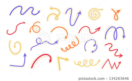 Spiral arrow doodle, collage cutout color wavy twist minimal squiggly line set. Curve comic turn way cut out direction. Playful quirky simple free hand elements. Spiral arrow doodle, collage cutout color wavy twist minimal squiggly line set. Curve comic turn way cut out direction. Playful quirky simple free hand elements. 134263646