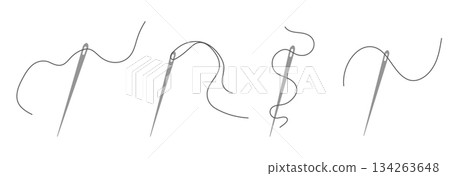 Elegant needle with thread. Needle symbol and curved thread, tailor and shoemaker needlework tool, sewing element. Small tattoo, print for clothes 134263648