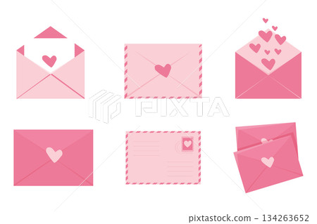Envelope set, cute love letters with hearts, pink romantic mail with stamp, airmail, postcard. Wedding and Valentine Day Decoration design elements. 134263652