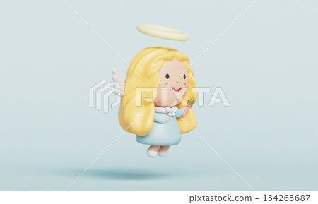 Cute Angel Character with Wings and a Magic Wand. 3D Rendering 134263687