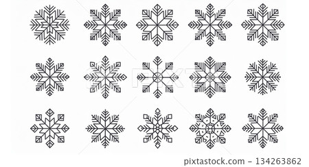 Set of 10 minimalist snowflake line icons, geometric and clean 134263862