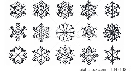 Set Of Decorative Snowflake Ornaments With Geometric Radial Patterns For Winter Holiday Design 134263863