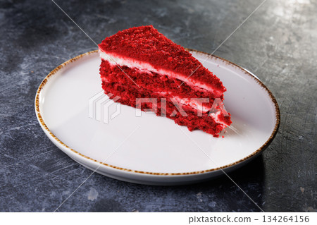 Red Velvet Cake Slice on White Plate With Creamy Frosting Red Velvet Cake Slice on White Plate With Creamy Frosting 134264156