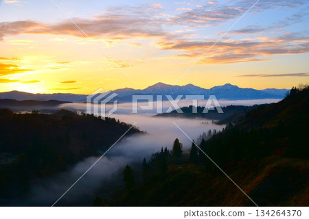 Yamakoshi rice terraces, sea of clouds, sunrise, Echigo Sanzan, dawn Yamakoshi rice terraces, sea of clouds, sunrise, Echigo Sanzan, dawn 134264370