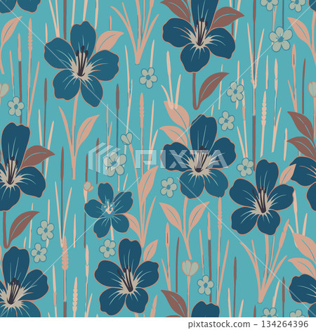 Vintage floral pattern with large blue flowers and tall reeds, perfect for textile design, wallpaper print, gift wrap, and home decor. Vintage floral pattern with large blue flowers and tall reeds, perfect for textile design, wallpaper print, gift wrap, and home decor. 134264396