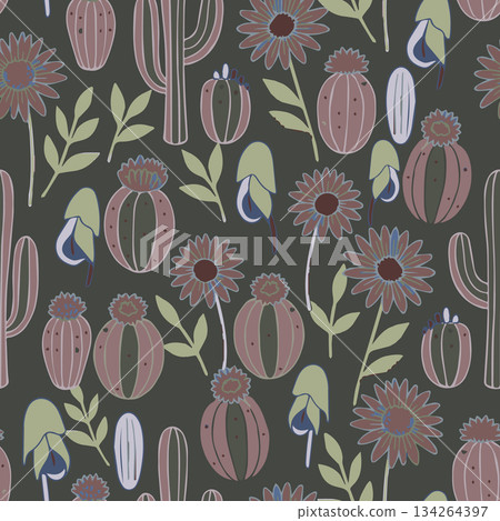 Stylized desert floral pattern featuring cactus, flowers, and leaves, ideal for textile design, wallpaper print, stationery, and apparel. 134264397