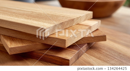 Polished wooden boards stacked neatly on a table, showcasing rich textures and grain quality 134264425