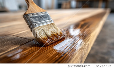 Varnish application on a wooden plank with brush, showcasing glossy finish and warm tones in a wood workshop environment 134264426