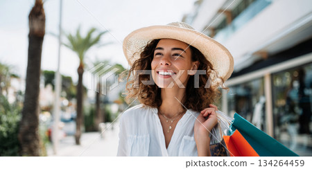 Woman smiling joyfully under a sun hat while carrying colorful shopping bags along a vibrant coastal promenade with palm trees and shops 134264459