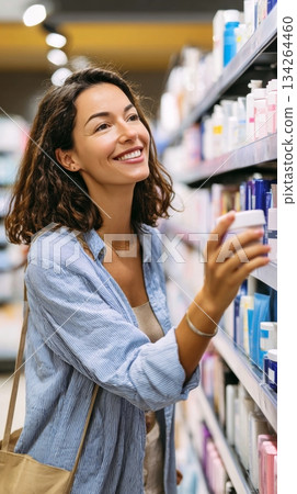 Woman joyfully selecting skincare products in a well-lit cosmetics aisle, showcasing vibrant colors and textures in a retail shopping environment 134264460