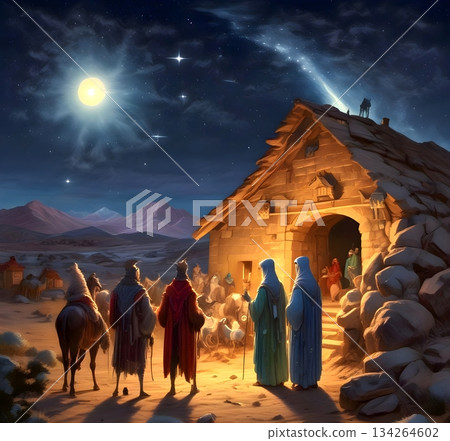 The Three Kings arrived at Bethlehem following the light of the comet. 134264602