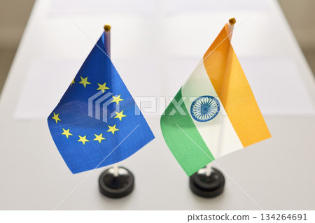 Mini EU and India flags on desk for diplomacy, negotiation and formal meeting Mini EU and India flags on desk for diplomacy, negotiation and formal meeting 134264691