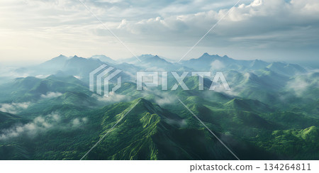 Misty Mountain Landscape An Aerial View of Lush Green Hills 134264811