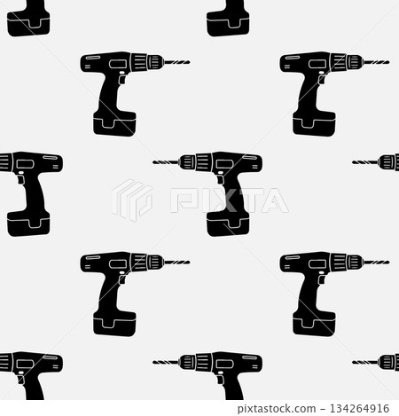 Black and white cordless drill silhouettes in flat style for workshop decor textile and gift wrap. Black and white cordless drill silhouettes in flat style for workshop decor textile and gift wrap. 134264916