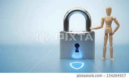 一個畫著玩偶的人偶守衛在掛鎖旁邊。 134264917