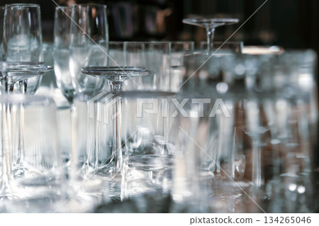 Closeup image of Glassware on bar counter in restaurant. 134265046
