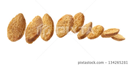 Bread croutons levitate on a white background Bread croutons levitate on a white background 134265281