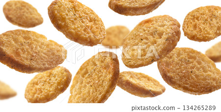 Bread croutons levitate on a white background Bread croutons levitate on a white background 134265289
