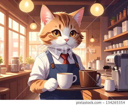 A friendly cat barista stands with a tray of coffee cups in a stylish cafe bathed in warm light 134265354
