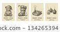 A set of four pen-drawn Christmas cards (bear, stocking, candle, and decoration), 134265394