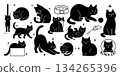 Black cat various gestures silhouette illustration set, 134265396