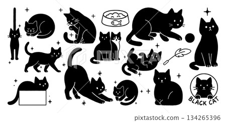 Black cat various gestures silhouette illustration set, Black cat various gestures silhouette illustration set, 134265396