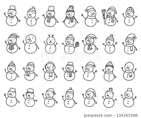 A cute set of doodle snowmen. Hand drawn winter characters wearing scarves and hats. Perfect for holiday themes, kids projects and winter designs. A cute set of doodle snowmen. Hand drawn winter characters wearing scarves and hats. Perfect for holiday themes, kids projects and winter designs. 134265506