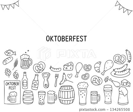 Oktoberfest-themed vector illustration featuring various iconic food and drink items such as beer mugs, pretzels, sausages Oktoberfest-themed vector illustration featuring various iconic food and drink items such as beer mugs, pretzels, sausages 134265508