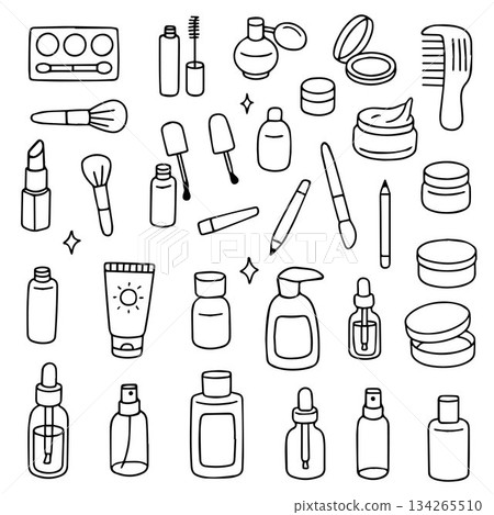Vector illustration showing a variety of makeup and skincare products such as lipstick, brushes, and creams. Ideal for beauty, fashion, and cosmetic industry themes. 134265510