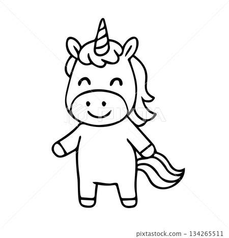 Black and white vector illustration of a cute smiling unicorn. Simple and charming design perfect for coloring books, children's materials, and projects. Black and white vector illustration of a cute smiling unicorn. Simple and charming design perfect for coloring books, children's materials, and projects. 134265511