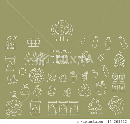 Recycle, reuse and waste reduction concept banner. Vector illustration in doodle style on green background Recycle, reuse and waste reduction concept banner. Vector illustration in doodle style on green background 134265512