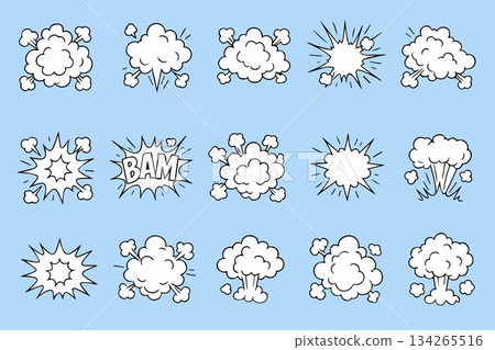 A set of comic style explosions and smoke white clouds illustrations in various shapes, perfect for graphic design and animation projects. Includes star explosions, smoke puffs and dynamic explosions A set of comic style explosions and smoke white clouds illustrations in various shapes, perfect for graphic design and animation projects. Includes star explosions, smoke puffs and dynamic explosions 134265516