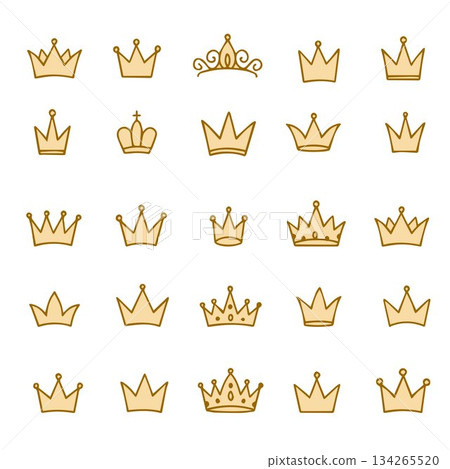 Vector illustration of golden hand drawn crowns showing variety of styles and designs. Trendy doodle crowns for your design Vector illustration of golden hand drawn crowns showing variety of styles and designs. Trendy doodle crowns for your design 134265520