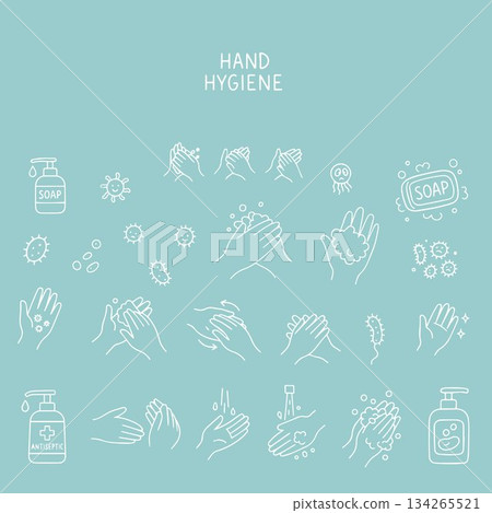 Steps of hand hygiene using soap and water, showing different hand washing techniques. Doodle illustration highlights the importance of cleanliness, safety and proper hand washing. 134265521