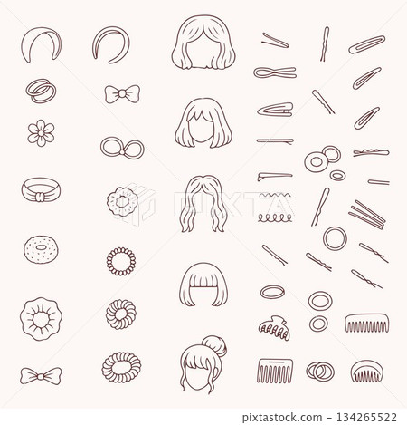 A set of doodle illustrations of hair accessories, including wigs, headbands, elastic bands, barrettes, combs and pins. Perfect for beauty and fashion projects. Vector 134265522