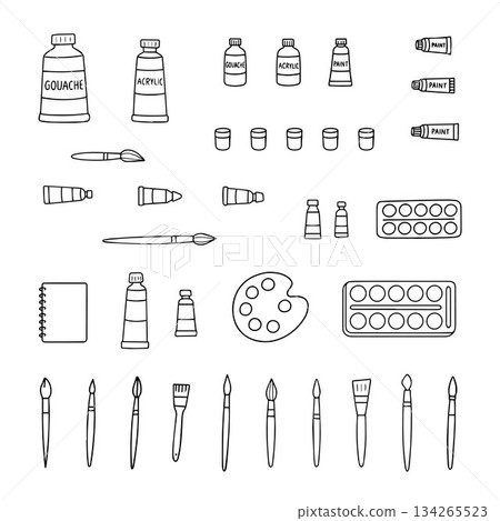 Big set with various art materials in doodle style. Design for art works, educational materials and creative projects. Vector illustration Big set with various art materials in doodle style. Design for art works, educational materials and creative projects. Vector illustration 134265523