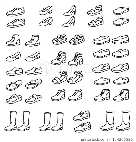 Vector illustration with different shoe designs, including various models, sneakers, sandals, boots, and high heels. Perfect for fashion, style, and footwear related topics. 134265526