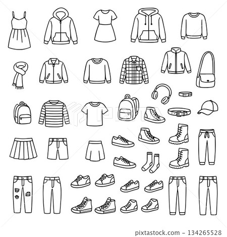 Vector illustration showcasing a collection of clothing and accessories, including dresses, hoodies, shoes, and bags. Ideal for fashion design concepts or apparel projects. Vector illustration showcasing a collection of clothing and accessories, including dresses, hoodies, shoes, and bags. Ideal for fashion design concepts or apparel projects. 134265528