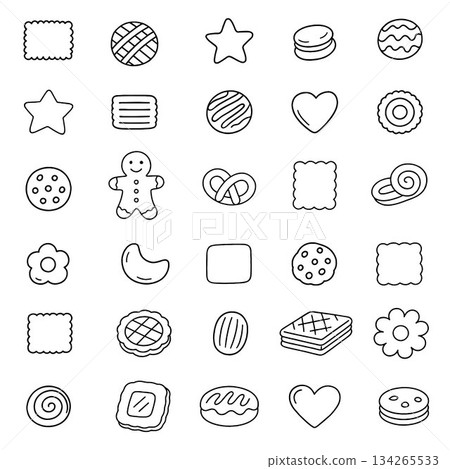 Vector illustration of cookies in different shapes in doodle style. Design includes stars, hearts, swirls and more, perfect for baking themes, templates and cooking projects Vector illustration of cookies in different shapes in doodle style. Design includes stars, hearts, swirls and more, perfect for baking themes, templates and cooking projects 134265533