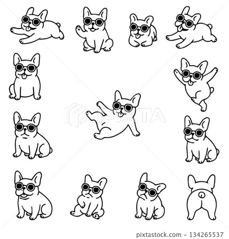 Vector illustration of cute French Bulldogs in sunglasses in different playful poses and expressions. Perfect for pet-related design and graphic projects. Vector illustration of cute French Bulldogs in sunglasses in different playful poses and expressions. Perfect for pet-related design and graphic projects. 134265537