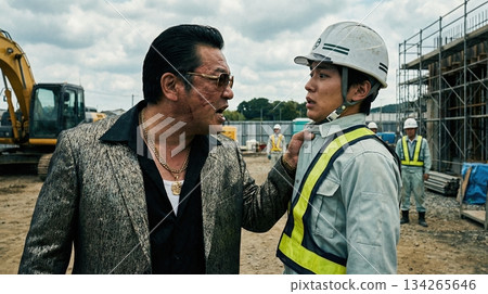 一個黑幫成員在建築工地挑釁一個年輕工人，並對他大喊大叫。 134265646