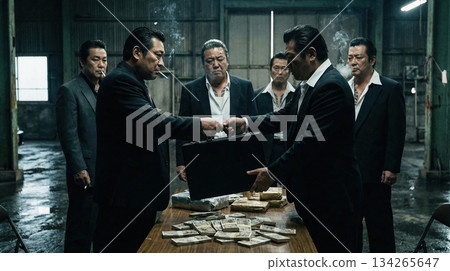 黑道人物聚集在一起進行非法交易,場面緊張。 黑道人物聚集在一起進行非法交易,場面緊張。 134265647