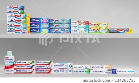 Yerevan Armenia 12.5.2025. A shelf full of toothpaste tubes, including Sensodyne, Colgate, and Crest 134265753