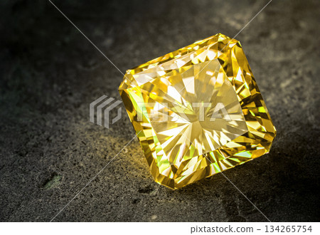 A yellow diamond is sitting on a grey surface A yellow diamond is sitting on a grey surface 134265754