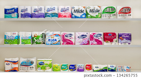 Yerevan Armenia 12.5.2025. A shelf full of toilet paper with many different brands Yerevan Armenia 12.5.2025. A shelf full of toilet paper with many different brands 134265755