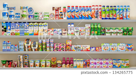Yerevan Armenia 12.5.2025. A shelf full of various types of milk and juice Yerevan Armenia 12.5.2025. A shelf full of various types of milk and juice 134265775